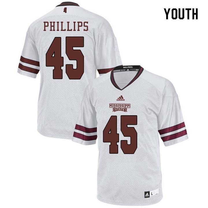 Youth #45 Josiah Phillips Mississippi State Bulldogs College Football Jerseys Sale-White - Click Image to Close